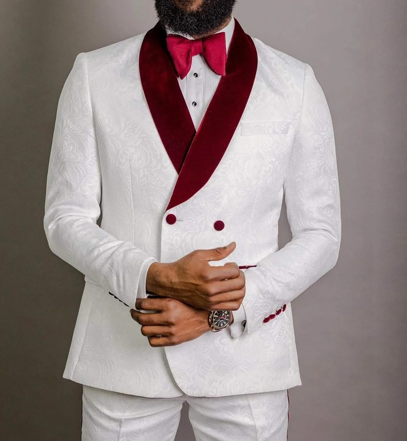 Men's Suits 2 Pieces Slim Fit Patterned Tuxedos Casual Groomsmen Jacquard Wedding Suits (Blazer Pants)