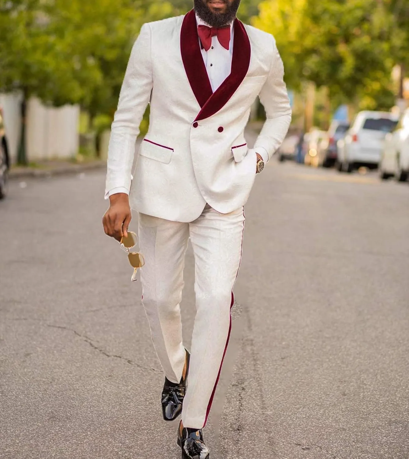 Men's Suits 2 Pieces Slim Fit Patterned Tuxedos Casual Groomsmen Jacquard Wedding Suits (Blazer Pants)