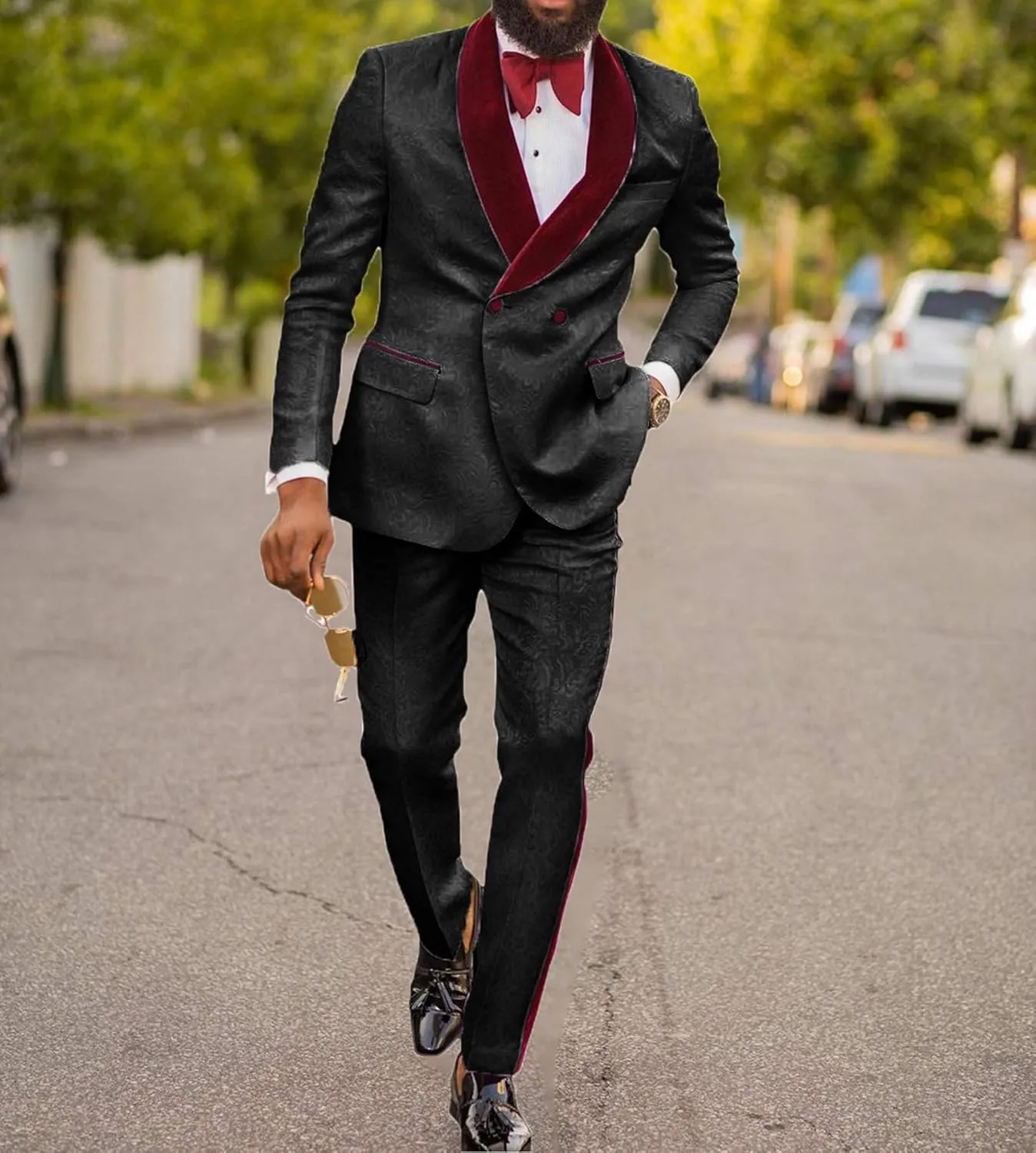 Men's Suits 2 Pieces Slim Fit Patterned Tuxedos Casual Groomsmen Jacquard Wedding Suits (Blazer Pants)