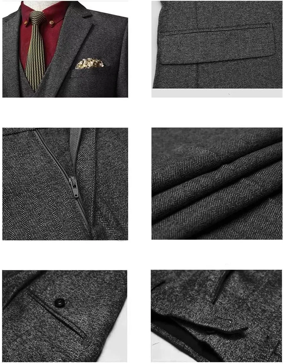Men's Suits Slim Fit 3 Piece Suits for Men Tweed Herringbone Suits Retro Vintage Blazer Wedding Suits Jacket Vest Pants Set