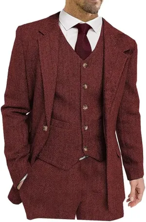 Men's Suits Slim Fit 3 Piece Suits for Men Tweed Herringbone Suits Retro Vintage Blazer Wedding Suits Jacket Vest Pants Set
