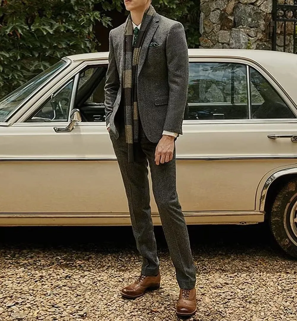Men's Suits Slim Fit 3 Piece Suits for Men Tweed Herringbone Suits Retro Vintage Blazer Wedding Suits Jacket Vest Pants Set
