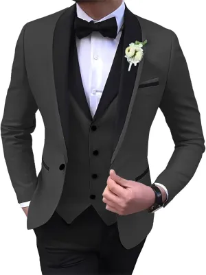 Mens Suits Slim Fit 3 Pieces Blazer Vest Pants Suits Set One Button Formal Business Wedding