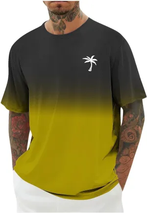 Mens Summer Streetwear Casual T Shirts Short Sleeve Ombre Tropical Print Tee Shirts Loose Fit Fashion Hip Hop Tshirts