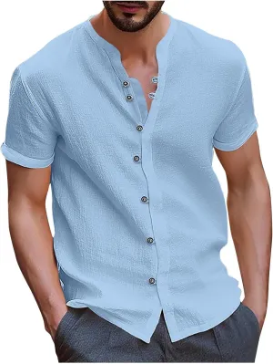 Men's T-Shirts Cotton Linen Short Sleeve Button Down Shirt Summer Loose Fit Solid Business Casual Shirts Beach Shirt