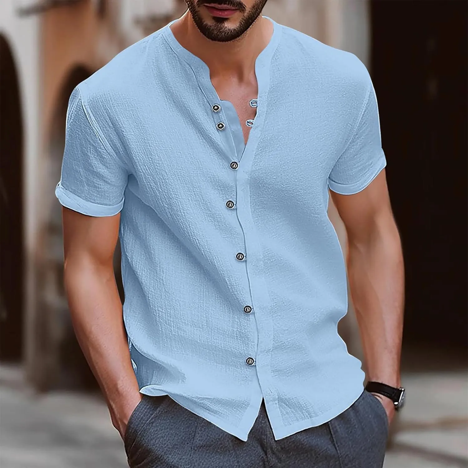 Men's T-Shirts Cotton Linen Short Sleeve Button Down Shirt Summer Loose Fit Solid Business Casual Shirts Beach Shirt