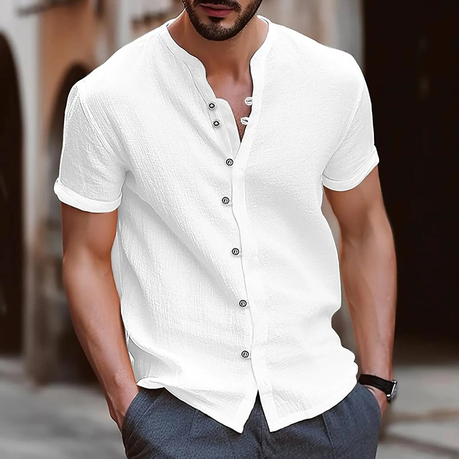 Men's T-Shirts Cotton Linen Short Sleeve Button Down Shirt Summer Loose Fit Solid Business Casual Shirts Beach Shirt