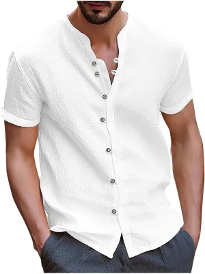 Men's T-Shirts Cotton Linen Short Sleeve Button Down Shirt Summer Loose Fit Solid Business Casual Shirts Beach Shirt