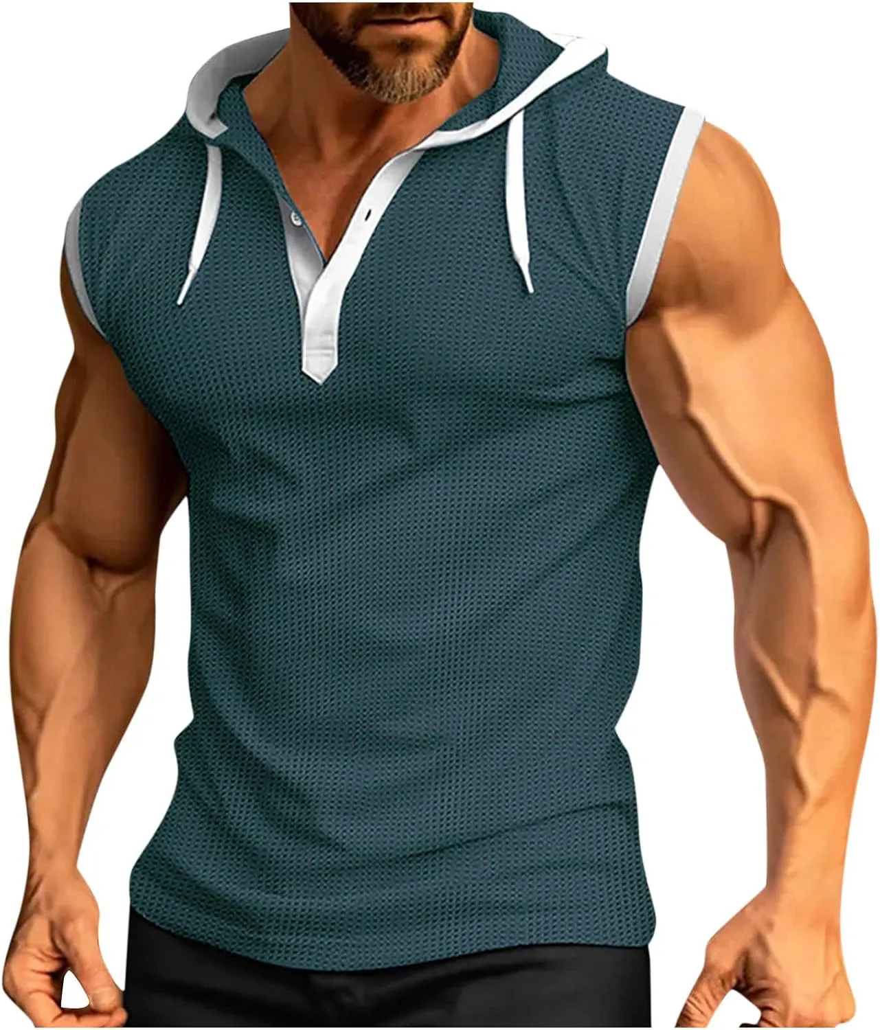 Men's Waffle Workout Hooded Tank Tops Button Down Sleeveless Gym Hoodies Color Block Training Athletic Muscle Pullover