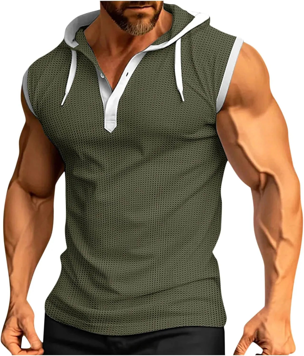 Men's Waffle Workout Hooded Tank Tops Button Down Sleeveless Gym Hoodies Color Block Training Athletic Muscle Pullover