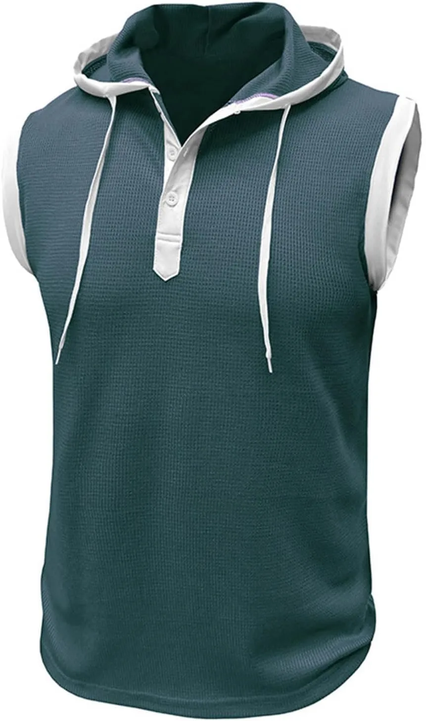 Men's Waffle Workout Hooded Tank Tops Button Down Sleeveless Gym Hoodies Color Block Training Athletic Muscle Pullover