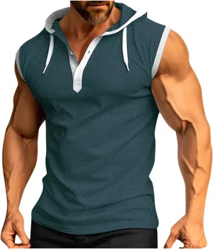 Men's Waffle Workout Hooded Tank Tops Button Down Sleeveless Gym Hoodies Color Block Training Athletic Muscle Pullover