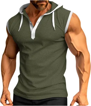 Men's Waffle Workout Hooded Tank Tops Button Down Sleeveless Gym Hoodies Color Block Training Athletic Muscle Pullover