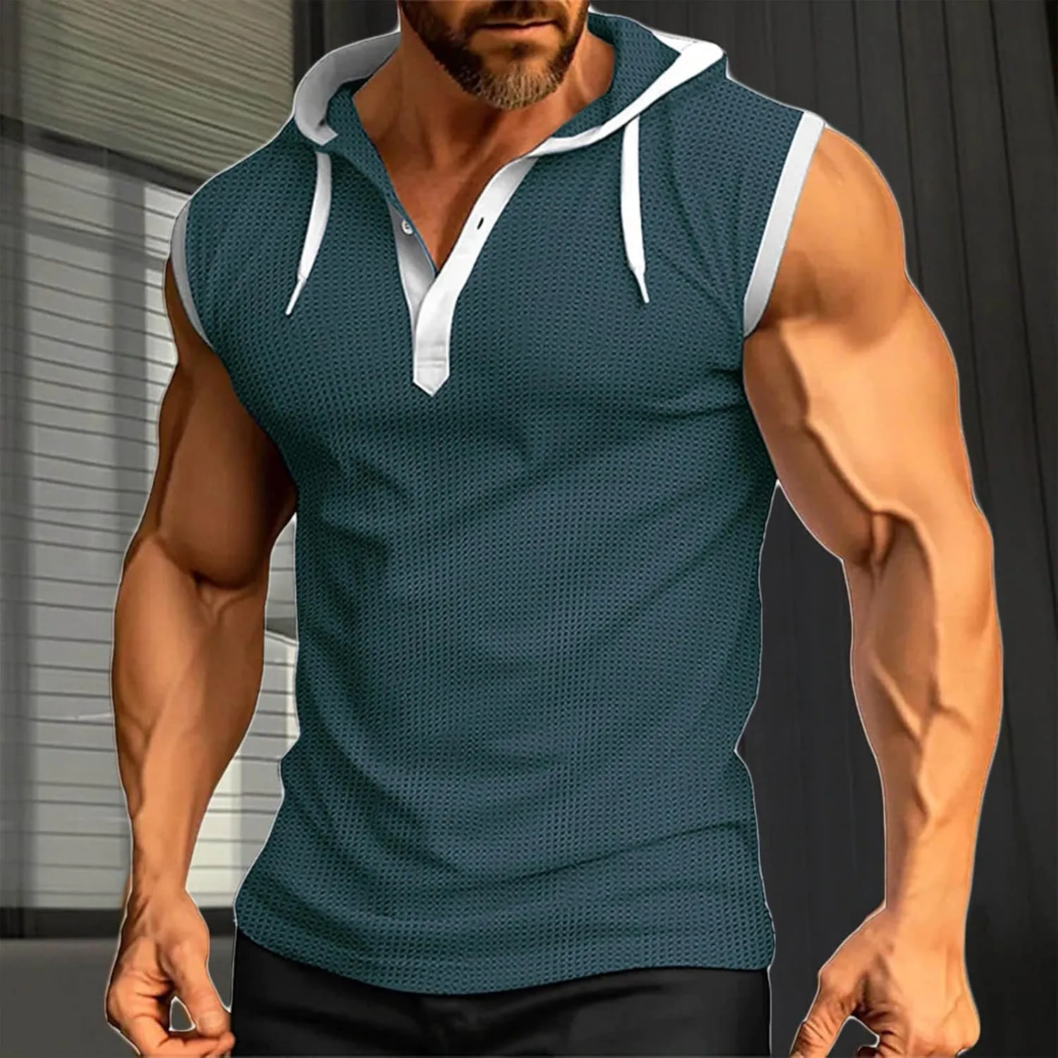 Men's Waffle Workout Hooded Tank Tops Button Down Sleeveless Gym Hoodies Color Block Training Athletic Muscle Pullover