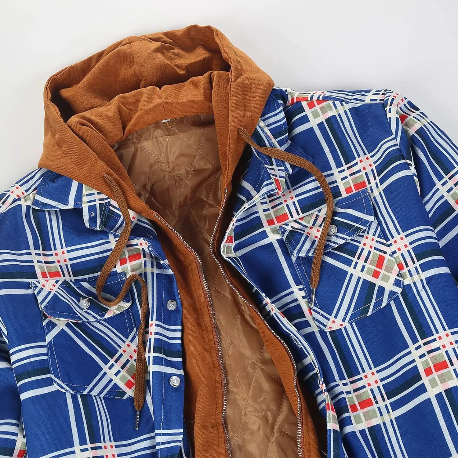 Mens Winter Coat Quilted Lined Plaid Warm With Hood Warm Windbreaker Jackets Heated Casual Hoodie