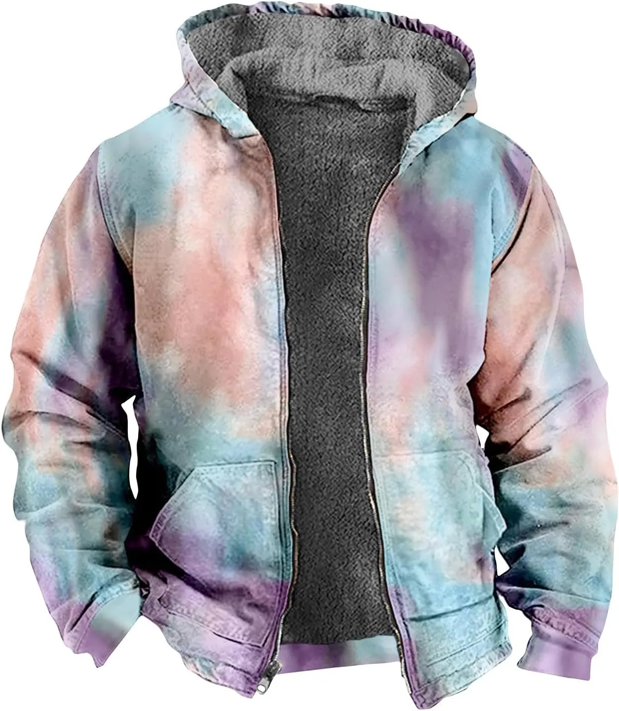 Men'S Winter Coats Tie-Dye Print Zipper Hooded Warm Windbreaker Jackets Oversized Heavy Hoodie
