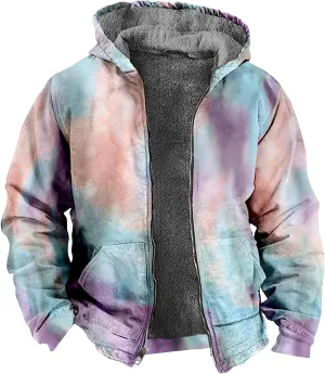 Men'S Winter Coats Tie-Dye Print Zipper Hooded Warm Windbreaker Jackets Oversized Heavy Hoodie