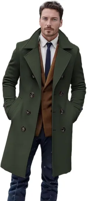 Men's Wool Blend Coat Classic Fall Winter Long Trench Coat Wide Notch Lapel Collar Double Breasted Overcoat ASDF07