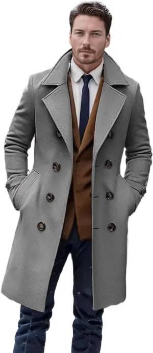 Men's Wool Blend Coat Classic Fall Winter Long Trench Coat Wide Notch Lapel Collar Double Breasted Overcoat ASDF07