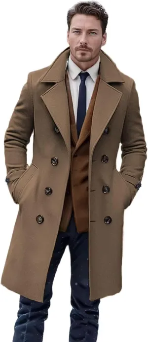 Men's Wool Blend Coat Classic Fall Winter Long Trench Coat Wide Notch Lapel Collar Double Breasted Overcoat ASDF07