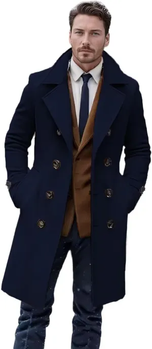 Men's Wool Blend Coat Classic Fall Winter Long Trench Coat Wide Notch Lapel Collar Double Breasted Overcoat ASDF07
