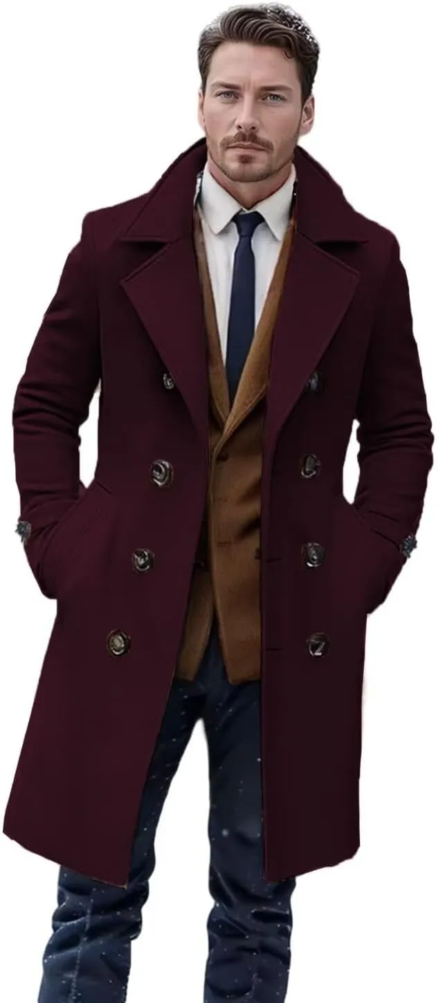 Men's Wool Blend Coat Classic Fall Winter Long Trench Coat Wide Notch Lapel Collar Double Breasted Overcoat ASDF07