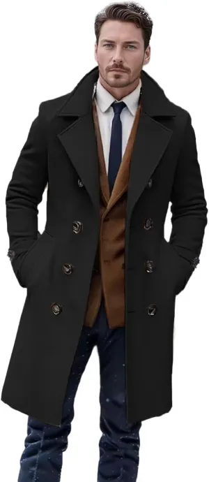 Men's Wool Blend Coat Classic Fall Winter Long Trench Coat Wide Notch Lapel Collar Double Breasted Overcoat ASDF07