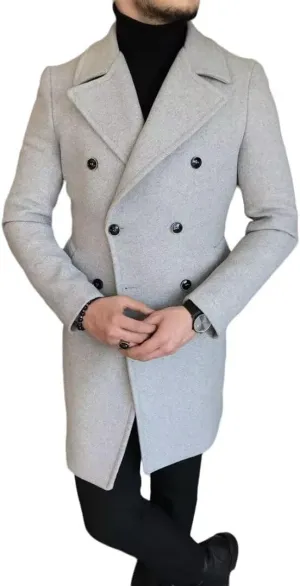 Men's Wool Blend Pea Coat Winter Classic Trench Coat Notch Lapel Double Breasted Warm Overcoat ASDF12