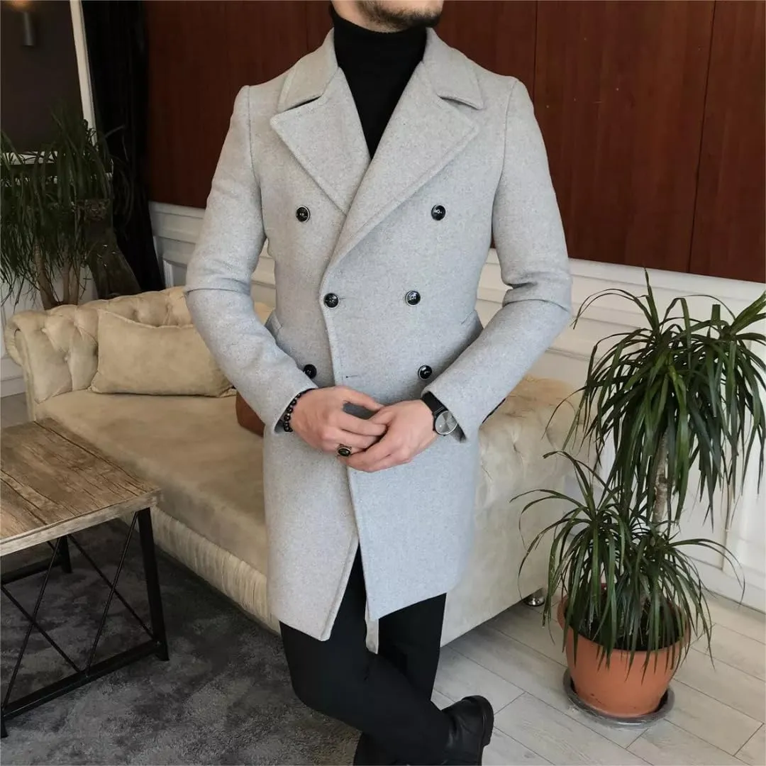 Men's Wool Blend Pea Coat Winter Classic Trench Coat Notch Lapel Double Breasted Warm Overcoat ASDF12