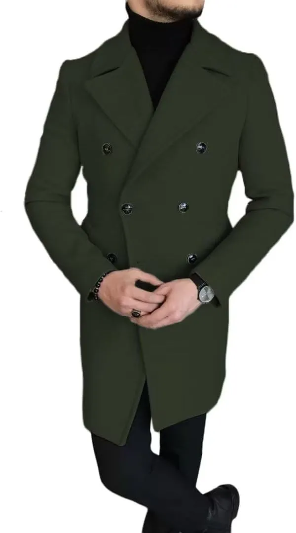 Men's Wool Blend Pea Coat Winter Classic Trench Coat Notch Lapel Double Breasted Warm Overcoat ASDF12