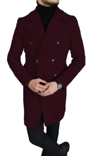 Men's Wool Blend Pea Coat Winter Classic Trench Coat Notch Lapel Double Breasted Warm Overcoat ASDF12