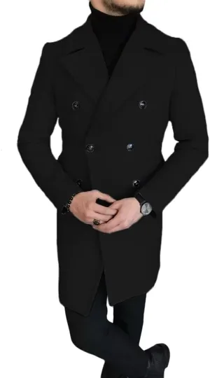 Men's Wool Blend Pea Coat Winter Classic Trench Coat Notch Lapel Double Breasted Warm Overcoat ASDF12