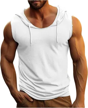 Men's Workout Drawstring Hoodies Trendy Muscle Cut Off T Shirt Summer Sleeveless Running Athletic Hooded Tank Tops