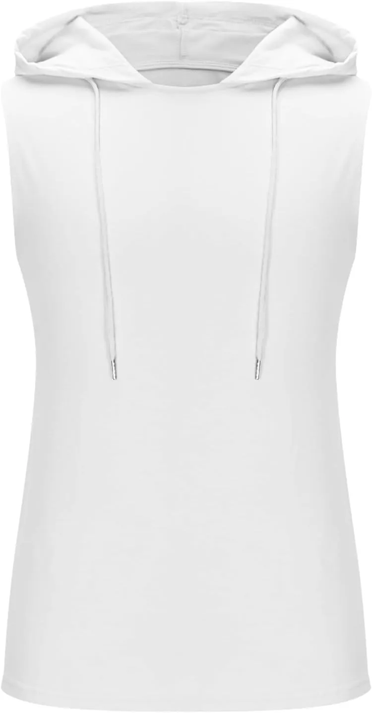 Men's Workout Drawstring Hoodies Trendy Muscle Cut Off T Shirt Summer Sleeveless Running Athletic Hooded Tank Tops