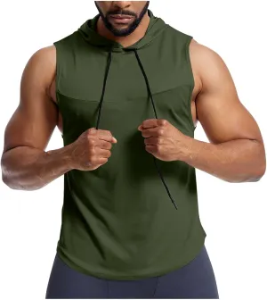 Men's Workout Hooded Tank Tops Quick Dry Muscle Cut Off T Shirt Summer Sleeveless Running Athletic Drawstring Hoodies