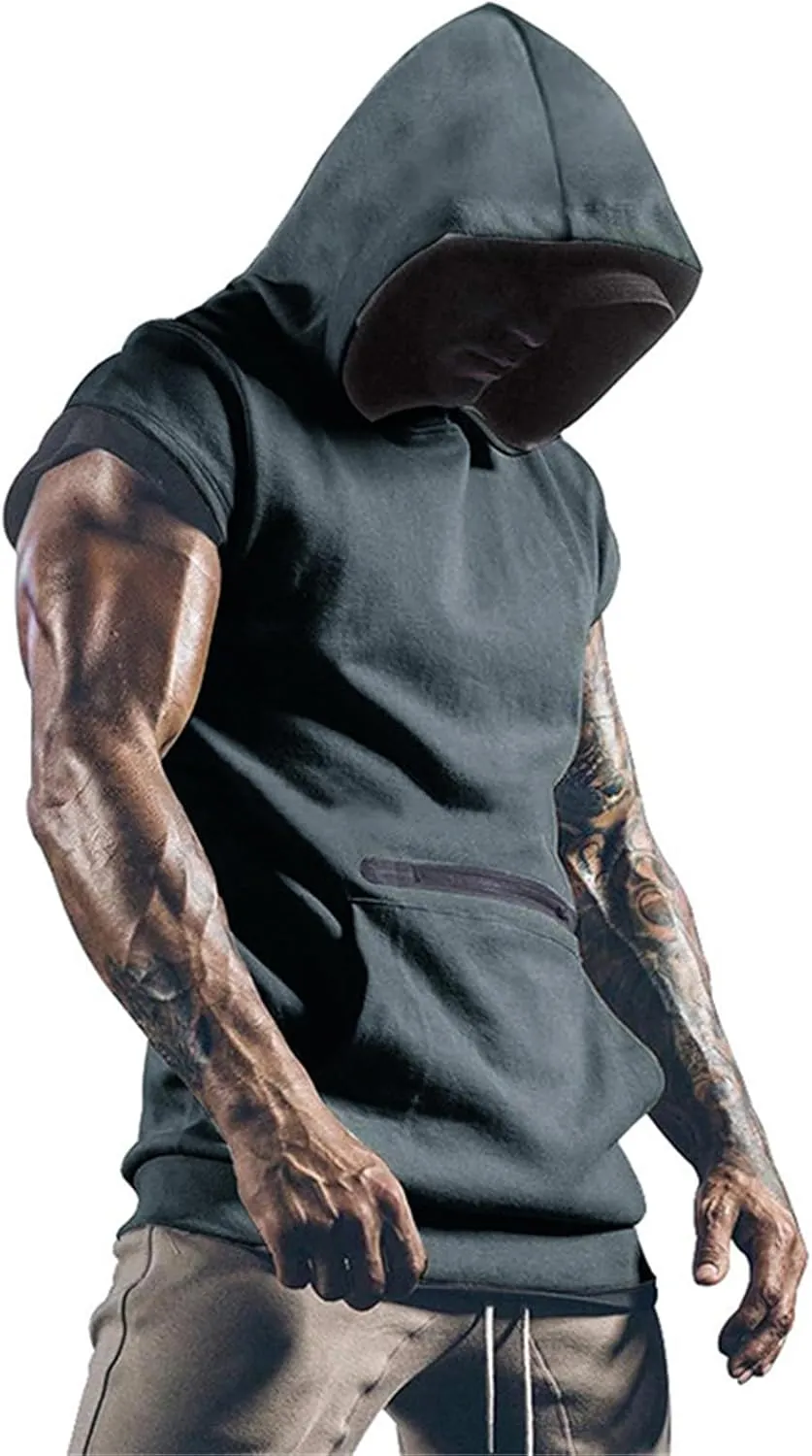 Men's Workout Hooded Tank Tops Sleeveless Gym Hoodies Bodybuilding Muscle Cut Off T Shirt Athletic Tees with Pockets