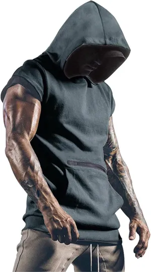 Men's Workout Hooded Tank Tops Sleeveless Gym Hoodies Bodybuilding Muscle Cut Off T Shirt Athletic Tees with Pockets