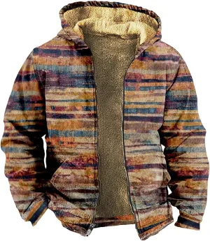 Mens Zipper Hoodies Winter Sherpa Lined Graphic Jacket Heavy Windbreaker Casual Coat Graphic Heated Thermal Outwear