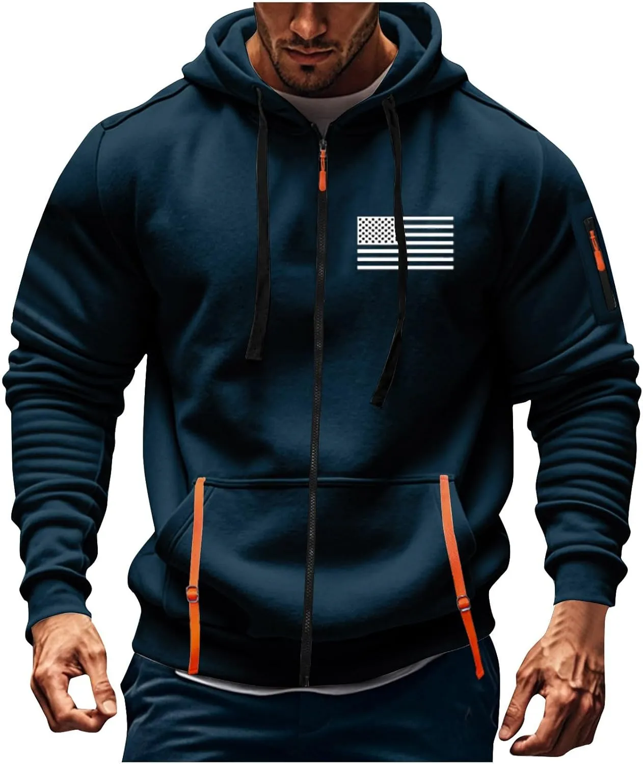 Men's Zipper USA Flag Print Hoodie Graphic Long Sleeve Drawstring Shirts Oversized Patriotic Sweatshirts with Pockets