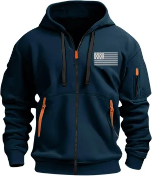 Men's Zipper USA Flag Print Hoodie Graphic Long Sleeve Drawstring Shirts Oversized Patriotic Sweatshirts with Pockets