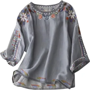 Mexican Embroidered Cotton Linen Tops 2025 Summer Boho Peasant Tees Women 3/4 Sleeve Tunic Blouse Loose Vintage Shirt