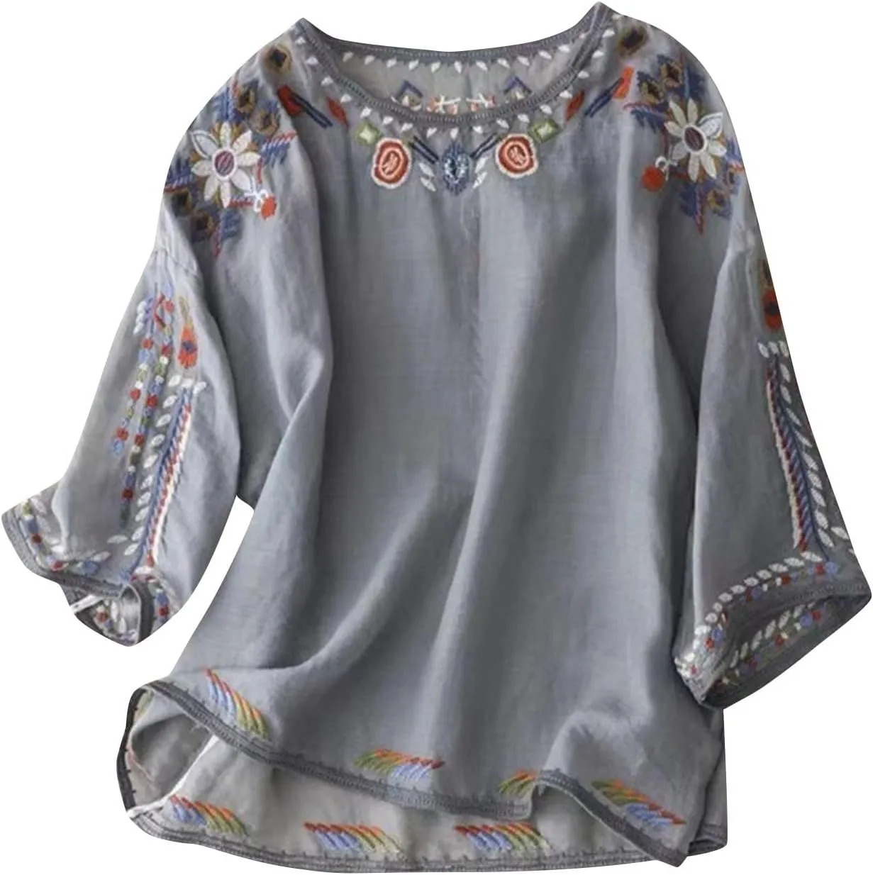 Mexican Embroidered Cotton Linen Tops 2025 Summer Boho Peasant Tees Women 3/4 Sleeve Tunic Blouse Loose Vintage Shirt