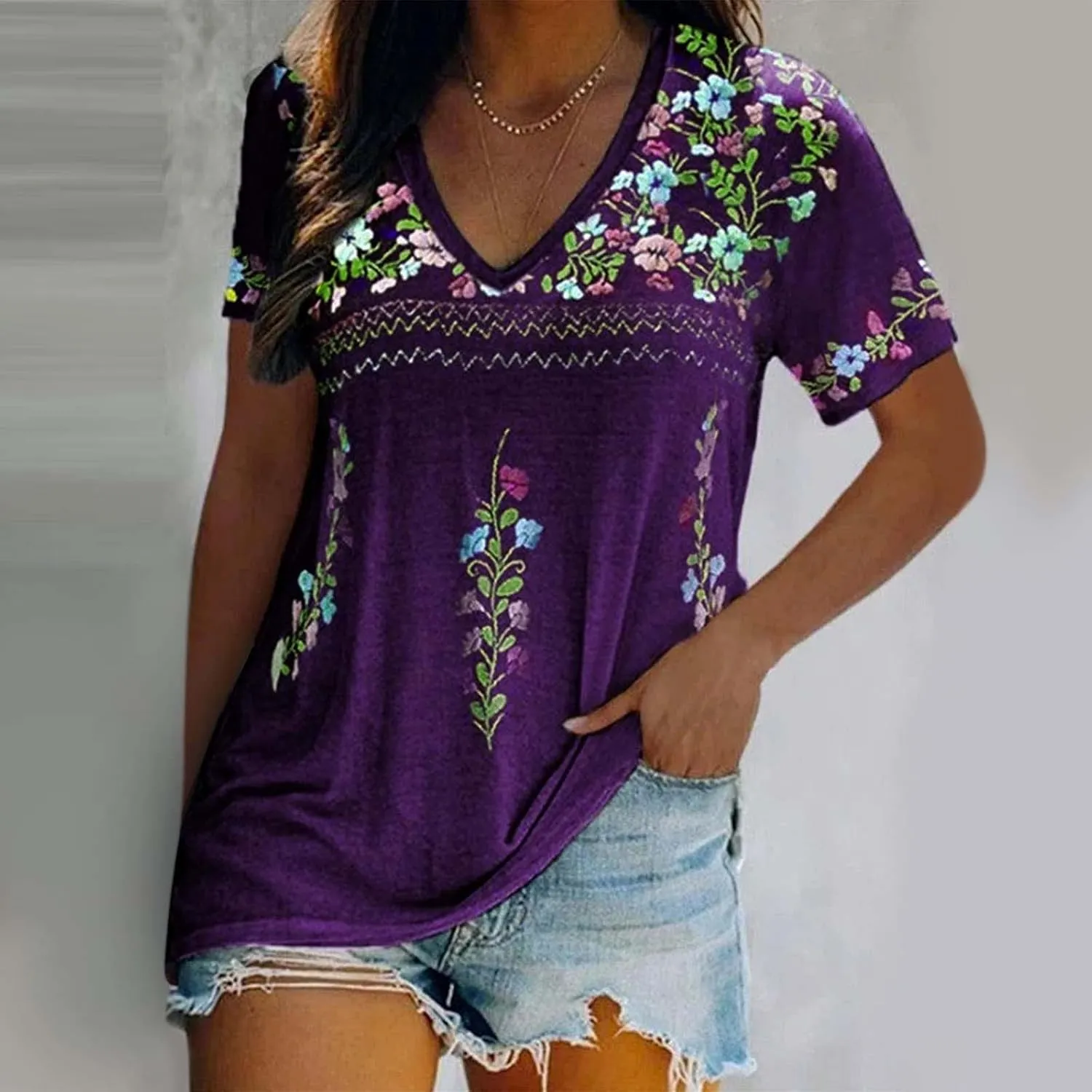 Mexican Shirt for Women 2024 Fashion Mexican Embroidered Blouse Ethnic Style Tees Boho Floral Print Short Sleeve Tops