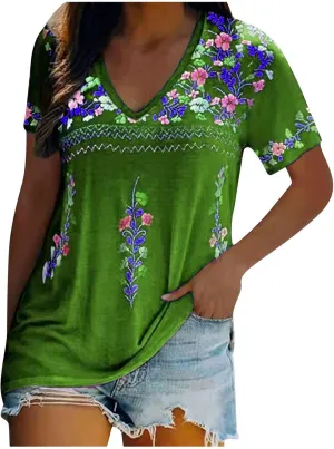 Mexican Shirt for Women 2024 Fashion Mexican Embroidered Blouse Ethnic Style Tees Boho Floral Print Short Sleeve Tops