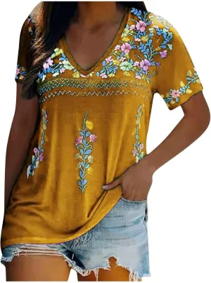 Mexican Shirt for Women 2024 Fashion Mexican Embroidered Blouse Ethnic Style Tees Boho Floral Print Short Sleeve Tops