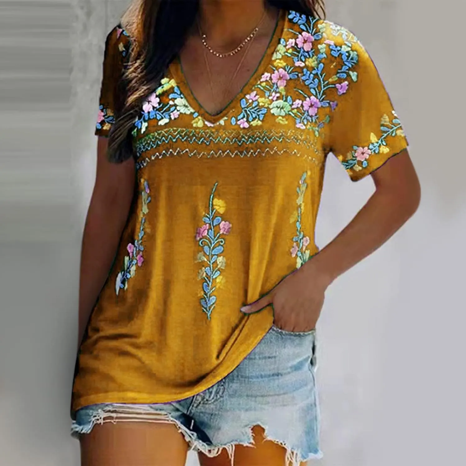 Mexican Shirt for Women 2024 Fashion Mexican Embroidered Blouse Ethnic Style Tees Boho Floral Print Short Sleeve Tops