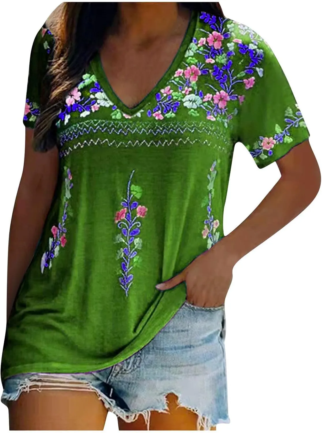 Mexican Shirt for Women 2024 Fashion Mexican Embroidered Blouse Ethnic Style Tees Boho Floral Print Short Sleeve Tops