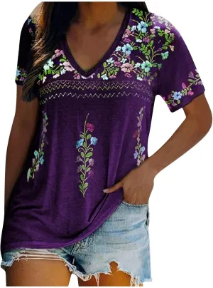 Mexican Shirt for Women 2024 Fashion Mexican Embroidered Blouse Ethnic Style Tees Boho Floral Print Short Sleeve Tops