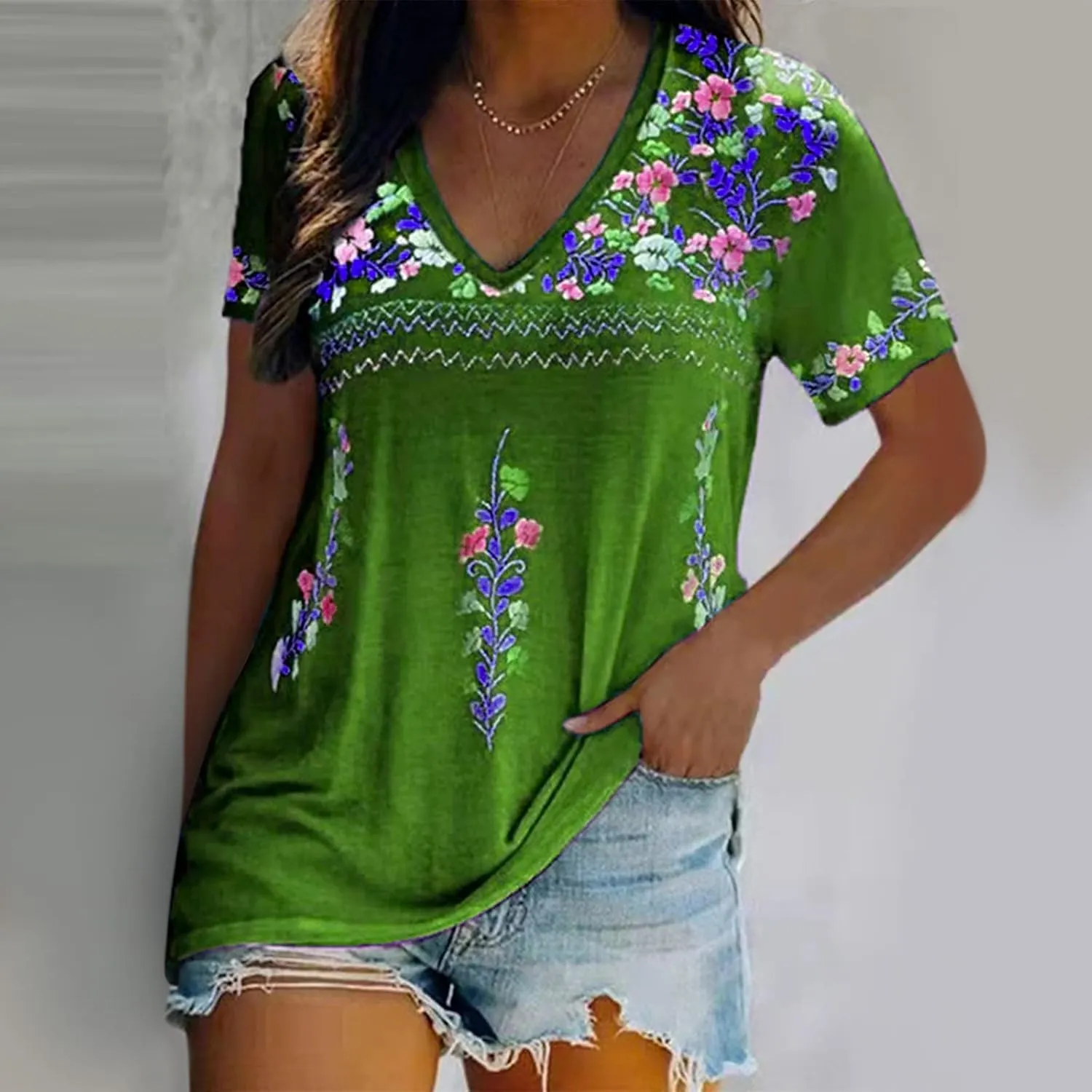 Mexican Shirt for Women 2024 Fashion Mexican Embroidered Blouse Ethnic Style Tees Boho Floral Print Short Sleeve Tops