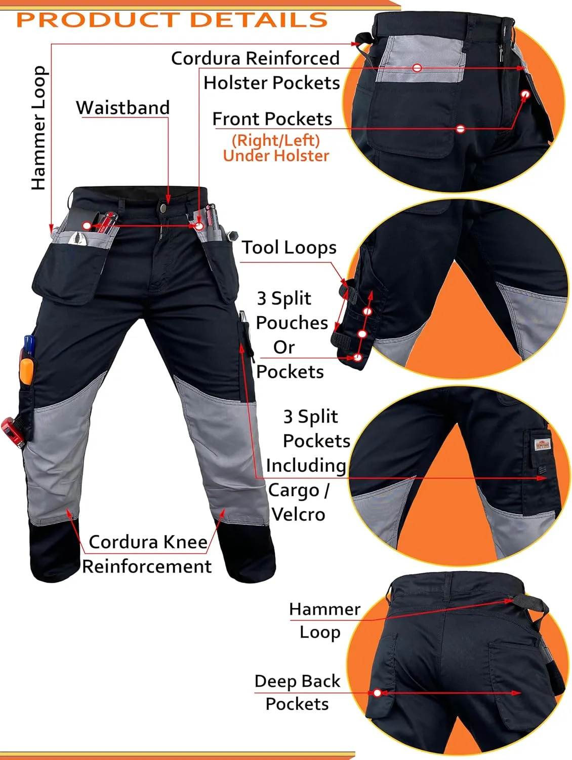 Notus Men’s Work Casual Tactical Cordura Knee Carpenter Construction Utility Cargo Work Trousers Pants